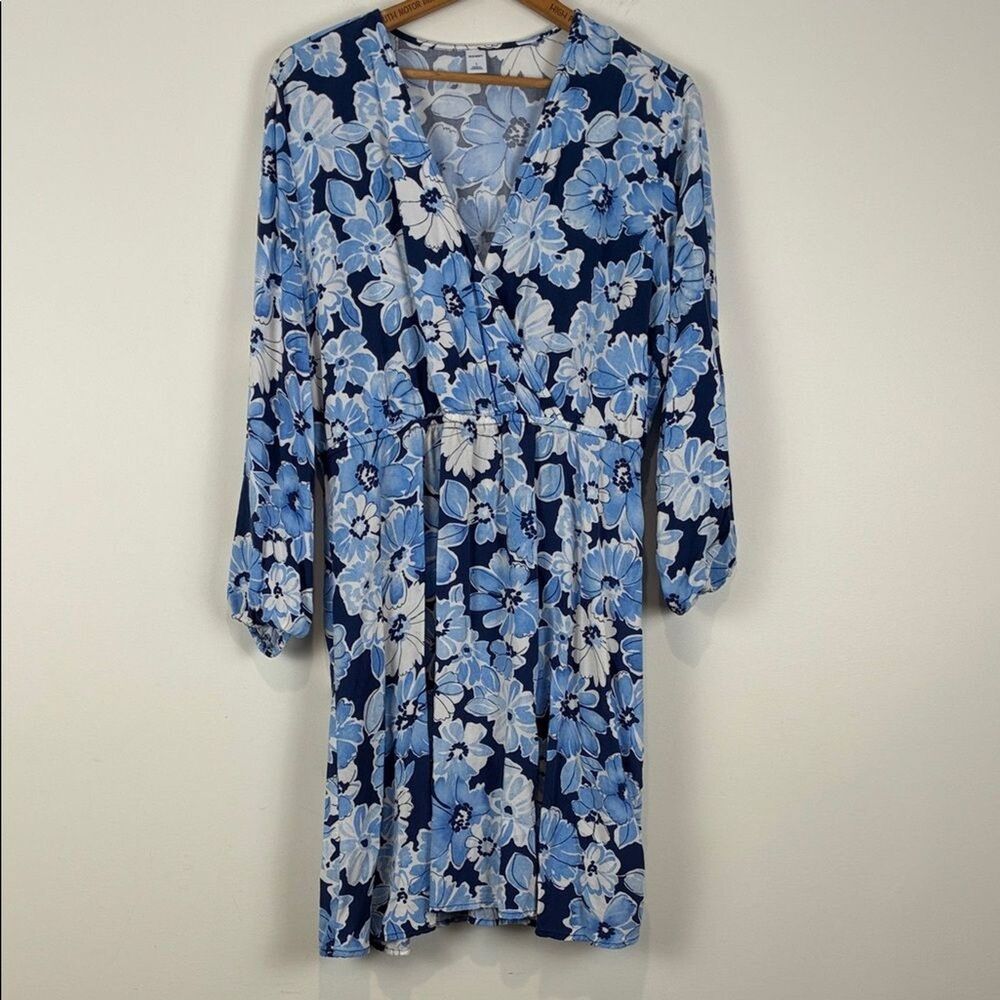 Old Navy Women’s Large Blue Floral Dress Faux Wrap V-Neck Long Sleeve Spring
